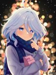  absurdres adjusting_scarf blue_eyes blue_hair blue_scarf blurry blurry_background blush bokeh breath christmas coat depth_of_field english_commentary furina_(genshin_impact) genshin_impact gift hand_up highres holding holding_gift jacket ken-pai_(kenpai_arts) looking_at_viewer multicolored_hair scarf smile snowflakes solo white_hair white_jacket winter_clothes winter_coat 