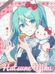  1girl animal_ears aqua_eyes aqua_hair bare_shoulders blush body_writing bow cat_ears character_name crumbs dress fake_animal_ears food hands_up hatsune_miku hello_kitty_(character) highres holding holding_food long_hair looking_at_viewer off-shoulder_shirt off_shoulder on_shoulder pinafore_dress project_sekai red_background red_bow red_nails sanrio shirt short_sleeves sleeveless sleeveless_dress solo twintails very_long_hair vocaloid waka_(wk4444) whiskers white_bow white_shirt 