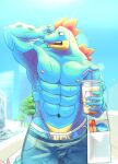 2016 abs anthro anthrofied areola beverage biceps biped blue_bottomwear blue_clothing blue_jeans blue_pants bodily_fluids bottomwear building city clothed clothing denim denim_bottomwear denim_clothing digital_media_(artwork) feraligatr generation_2_pokemon grocery_bag holding_beverage holding_object jeans jockstrap looking_away male muscular muscular_anthro muscular_male navel nintendo nipples outside pants pecs plant pokemon pokemon_(species) pokemorph sky soda_cup solo sweat tongue tongue_out topless tree underwear viridianvariant white_clothing white_jockstrap white_underwear wiping_forehead