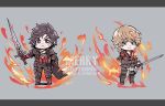  2boys black_cape black_gloves black_hair black_pants black_shirt blonde_hair blue_eyes boots brothers cape chibi clive_rosfield closed_mouth facial_hair final_fantasy final_fantasy_xvi fire frown full_body gloves grey_background highres hitsuji_merry holding holding_sword holding_weapon joshua_rosfield knee_pads letterboxed looking_at_viewer male_focus messy_hair multiple_boys neckerchief pants red_neckerchief red_vest scar scar_on_cheek scar_on_face shirt short_hair siblings smile stubble sword twitter_username vest wavy_hair weapon 
