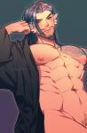  1boy abs arm_tattoo bara bare_pectorals black_hair black_kimono chest_tattoo closed_mouth facial_hair hanzo_(overwatch) japanese_clothes kimono large_pectorals long_hair looking_at_viewer male_focus male_pubic_hair muscular muscular_male navel nipples nkraae open_clothes open_kimono overwatch overwatch_2 pectorals pubic_hair simple_background solo tattoo wide_sleeves 