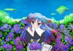  1girl blue_eyes blue_hair blue_sky blush chtholly_nota_seniorious cloud field flower flower_field highres hydrangea karamell landscape long_hair looking_at_viewer red_hair shuumatsu_nani_shitemasu_ka? sky smile solo very_long_hair 