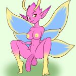 balls breasts crouching fairy feet flaccid fours_(artist) freckles genitals gynomorph hi_res humanoid intersex nipples penis pink_body solo willo_(paladins) yellow_eyes yellow_nipples