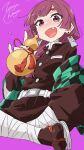  1girl :d absurdres artist_name bocchi_the_rock! cosplay demon_slayer_uniform fang highres hiroi_kikuri holding_gourd kimetsu_no_yaiba kochou_shinobu kochou_shinobu_(cosplay) looking_at_viewer open_mouth purple_background purple_eyes red_hair simple_background sitting smile solo tabi zetsuyo_chimayo 