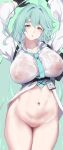  1girl absurdres ahoge arms_up ass_visible_through_thighs black_gloves blue_archive blue_hair blush bottomless breast_pocket breasts brown_eyes cleft_of_venus collared_shirt covered_nipples gloves green_background green_necktie hair_between_eyes half-closed_eyes harness highres huge_ahoge id_card large_breasts light_blue_hair long_hair long_sleeves looking_at_viewer navel necktie parted_lips pocket pussy shirt simple_background solo thigh_gap tobiko uncensored underbust very_long_hair white_shirt yume_(blue_archive) 