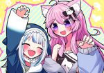  2girls absurdres ahoge animal_ear_fluff animal_ears animal_hood blue_coat blue_hair bow cat_ears cat_girl coat eyebrows_visible_through_hair gawr_gura highres hololive hololive_english hood hood_up hoodie jacket kasaki_sakura multiple_girls nyatasha_nyanners off_shoulder open_mouth pink_hair purple_eyes shark_girl sharp_teeth teeth virtual_youtuber vshojo white_hair 