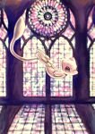  animal_focus arm_at_side artist_name blue_eyes chromatic_aberration commentary_request floating from_side full_body highres indoors looking_at_viewer mew_(pokemon) no_humans pawpads pokemon pokemon_(creature) ringed_eyes signature solo stained_glass tensaitou_tou window 