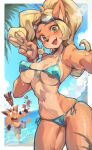 2024 absurd_res activision aku_aku anthro areola areola_slip bandicoot beach bikini blonde_hair blue_bikini blue_clothing blue_swimwear blush border breasts clothing coco_bandicoot crash_bandicoot crash_bandicoot_(series) cute_fangs duo eyebrows eyewear eyewear_on_head fangs female female_focus fur gesture glistening glistening_body glistening_fur goggles goggles_on_head green_eyes hair hand_gesture hi_res iepelppa kemono living_mask looking_at_viewer male mammal marsupial navel nipple_outline open_mouth open_smile orange_body orange_fur outside side-tie_bikini smile string_bikini swimwear tan_body tan_fur teeth v_sign white_border wristband