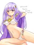  1girl alternate_costume bikini blush cape english_text fire_emblem fire_emblem:_genealogy_of_the_holy_war julia_(fire_emblem) long_hair open_mouth purple_cape purple_eyes purple_hair simple_background solo swimsuit white_bikini yukia_(firstaid0) 