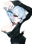  1girl absurdres arm_up ayanami_rei bare_shoulders black_choker blue_nails choker dress from_above green_dress grey_hair hair_between_eyes highres jewelry leaf_print neon_genesis_evangelion parted_lips print_dress red_eyes ring short_hair sleeves_past_wrists solo tizibade 
