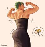  1boy ass back bara black_dress closed_mouth double_biceps_pose dress flexing green_hair highres male_focus meme muscular muscular_male one_piece roronoa_zoro sanji_(one_piece) short_hair simple_background smile solo terufong twitter_username 