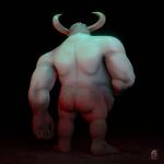 1boy 3d ass bara black_nails colored_skin commission completely_nude curled_horns demon_boy demon_horns facing_away from_behind full_body grey_skin highres horns large_hands male_focus monster_boy muscular muscular_male nude solo standing strongman_waist thick_arms v.dghtr_(soevgdr) veins veiny_arms 