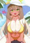  1girl 1other bare_arms bare_legs bare_shoulders bikini blue_archive blush breasts cleavage day girl_on_top green_eyes green_halo hair_between_eyes halo halterneck hat heart highres io9 large_breasts light_brown_hair long_hair looking_at_viewer navel nonomi_(blue_archive) nonomi_(swimsuit)_(blue_archive) official_alternate_costume open_mouth outdoors revision side-tie_bikini_bottom smile string_bikini swimsuit white_headwear yellow_bikini 