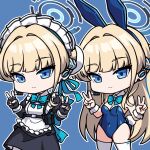  1girl animal_ears apron back_bow backless_leotard bare_shoulders black_dress black_gloves blonde_hair blue_archive blue_background blue_bow blue_bowtie blue_eyes blue_halo blue_leotard blue_ribbon blunt_bangs bow bowtie braid bun_cover chest_harness chibi collared_shirt commentary double_v dress earpiece earrings fake_animal_ears fake_tail fingerless_gloves french_braid frilled_apron frills gloves hair_over_shoulder hair_ribbon halo harness jewelry kelinch1 leotard long_hair looking_at_viewer maid maid_apron maid_headdress multicolored_hair multiple_views official_alternate_costume playboy_bunny rabbit_ears rabbit_tail ribbon shirt sidelocks sleeve_cuffs smile strapless strapless_leotard streaked_hair tail thighhighs toki_(blue_archive) toki_(bunny)_(blue_archive) v very_long_hair white_apron white_shirt white_thighhighs wrist_cuffs 