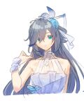  1girl bare_shoulders bird_hair_ornament blue_eyes blue_hair bow closed_mouth dmr_pic dress earrings fu_hua fu_hua_(azure_empyrea) fu_hua_(cerulean_court) grey_hair hair_bow hair_ornament hair_over_one_eye halter_dress halterneck honkai_(series) honkai_impact_3rd jewelry long_hair looking_at_viewer multicolored_clothes multicolored_dress official_alternate_costume simple_background single_earring sleeveless sleeveless_dress solo wedding_dress white_background white_dress 