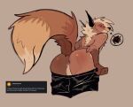 annoyed anthro anus blush bottomwear bottomwear_down brown_body brown_fur butt canid canine clothed clothing embarrassed fluffy fluffy_tail fox fur hi_res looking_at_viewer looking_back looking_back_at_viewer male mammal pants pants_down partially_clothed pcraxkers presenting presenting_hindquarters shirtless solo tail
