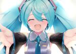 1girl :d black_sleeves blue_hair blue_necktie blush closed_eyes collared_shirt detached_sleeves dot_nose facing_viewer frilled_shirt frills grey_shirt hatsune_miku long_hair long_sleeves necktie open_hands open_mouth outstretched_arms portrait reaching reaching_towards_viewer shirt simple_background sleeveless sleeveless_shirt smile solo takepon1123 twintails vocaloid white_background 