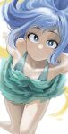  1girl absurdres blue_eyes blue_hair boku_no_hero_academia breasts cleavage collarbone dress fengling_(furin-jp) green_dress hadou_nejire highres leaning_forward legs long_hair looking_at_viewer open_mouth short_dress simple_background solo thighs white_background 