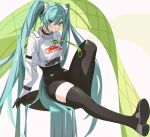  1girl :o black_bodysuit black_gloves black_thighhighs blue_eyes blue_hair bodysuit boots breasts collared_jacket debu_xiao_huajiang foot_up full_body gloves hair_between_eyes hatsune_miku highres jacket knee_up long_hair looking_at_viewer medium_breasts parted_lips print_shirt racing_miku racing_miku_(2022) racing_suit shirt shoe_soles sidelocks simple_background single_leg_bodysuit single_thighhigh sitting solo thigh_boots thighhighs twintails v-shaped_eyebrows very_long_hair vocaloid white_background white_jacket zettai_ryouiki 