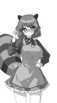  1girl adapted_costume animal_ears apron closed_mouth commentary_request frilled_skirt frills futatsuiwa_mamizou greyscale hair_ornament highres leaf_hair_ornament looking_at_viewer monochrome onkn_sxkn raccoon_ears raccoon_tail semi-rimless_eyewear short_hair simple_background skirt smile solo tail touhou under-rim_eyewear 