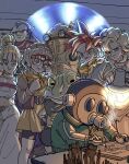  3girls 5boys ayla_(chrono_trigger) blonde_hair blue_eyes blue_tunic breasts chrono_trigger cigarette cleavage crono_(chrono_trigger) desk_lamp frog frog_(chrono_trigger) gas_mask glasses grey_hair hair_slicked_back headset helmet highres holding holding_pen humanoid_robot lamp lucca_ashtear magus_(chrono_trigger) marle_(chrono_trigger) mask multiple_boys multiple_girls navel pants pen pointy_ears purple_hair red_hair robo_(chrono_trigger) robot short_hair smile spiked_hair strapless tearing_up toriyama_akira_(character) tube_top white_pants yuto_sakurai 