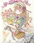  1girl apron basket blonde_hair blush bouquet bow closed_eyes closed_mouth dress flower frilled_apron frilled_dress frills green_dress hair_ribbon hairband highres holding holding_basket holding_bouquet holding_flower ichiniho_run lolita_hairband long_hair original painting_(medium) pink_flower pink_ribbon puffy_short_sleeves puffy_sleeves purple_bow purple_ribbon red_flower ribbon short_sleeves smile solo traditional_media tulip watercolor_(medium) white_apron 
