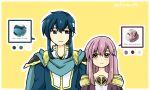  1boy 1girl blue_cape blue_eyes blue_hair brother_and_sister cape circlet dress fire_emblem fire_emblem:_genealogy_of_the_holy_war food headband ice_cream julia_(fire_emblem) long_hair looking_at_another purple_cape purple_eyes purple_hair seliph_(fire_emblem) siblings simple_background smile white_headband yukia_(firstaid0) 