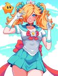  absurdres bishoujo_senshi_sailor_moon crown earrings gloves hair_over_one_eye highres jewelry luma_(mario) magical_girl mario_(series) pixel_art rosalina school_uniform skirt smile star_(symbol) star_bit star_earrings super_mario_galaxy wand yumykon 