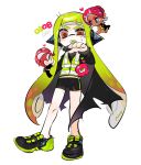  1boy 2girls agent_3_(splatoon) agent_8_(splatoon) bike_shorts black_cape cape commentary_request dark-skinned_female dark_skin date_pun full_body green_hair headphones heart highres inkling inkling_girl inkling_player_character korean_commentary long_hair mini_person miniboy minigirl mir0_damgom multiple_girls number_pun octoling octoling_boy octoling_girl octoling_player_character open_mouth orange_eyes red_hair shoes simple_background splatoon_(series) standing teeth tentacle_hair thick_eyebrows v-shaped_eyebrows white_background 