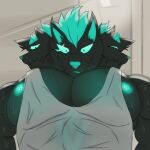 3_heads anthro big_pecs bodily_fluids cerberus_(fortnite) clothing dermorslix epic_games fortnite glowing glowing_eyes glowing_hair glowing_nipples glowing_nose hair hi_res looking_at_viewer looking_down looking_down_at_viewer male multi_head muscular muscular_anthro muscular_male nipples pecs shirt solo sweat sweatdrop tank_top topwear