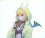  1girl animal_ear_hood animal_ears artist_name astrocatsama bat_ears bat_wings black_bra blonde_hair blue_eyes blue_wings bra breasts buttons cleavage coat collarbone colored_skin commentary drink drinking drinking_straw english_commentary eyelashes fake_animal_ears fingernails furrowed_brow green_coat green_hood green_sleeves grey_skin halterneck highres holding holding_drink hood hood_up hooded_coat juice_box light_blush long_sleeves looking_at_object mini_wings o-ring_bra open_clothes open_coat original puffy_long_sleeves puffy_sleeves ribs short_hair simple_background stomach underwear white_background wings 