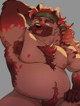 accessory another_eidos_of_dragon_vein_r anthro ateeesta_92 belly biceps blep blush body_hair brown_body brown_fur canid canine canis chabeau domestic_dog eyebrows fur hair happy_trail headband hi_res male mammal musclegut muscular navel nipples nude pecs pose pubes red_hair solo thick_eyebrows tongue tongue_out
