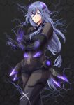  12nm 1girl absurdres black_background black_bodysuit black_gloves blue_eyes blue_hair bodysuit breasts closed_mouth covered_navel fu_hua fu_hua_(shadow_knight) gauntlets gloves grey_hair hair_between_eyes highres honkai_(series) honkai_impact_3rd jewelry lightning long_hair looking_at_viewer low-tied_long_hair low_ponytail medium_breasts ponytail power_suit skin_tight solo stomach thighs 