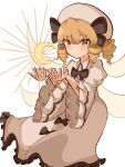  1girl :&lt; bangs black_bow blonde_hair bow closed_mouth commentary_request crescent_moon dress dress_bow drill_locks eyebrows_visible_through_hair highres long_sleeves looking_at_viewer luna_child moon mugi_(mugimugi_9kv) orange_eyes short_hair solo touhou white_background white_dress white_headwear white_wings wide_sleeves wings 