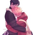  2boys artist_name bag black_hair black_jacket closed_eyes commentary english_commentary haikyuu!! highres hinata_shouyou hood hooded_jacket hug jacket kageyama_tobio male_focus multiple_boys pink_hair red_jacket wattemeer yaoi 