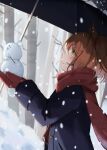  1girl animal_ears aston_machan_(umamusume) brown_hair from_side ginka529oekaki green_eyes highres holding holding_snowman holding_umbrella horse_ears horse_girl long_sleeves looking_up mittens red_mittens red_scarf scarf solo tracen_winter_coat umamusume umbrella 