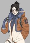  1girl absurdres apex_legends blue_bodysuit blue_eyes blue_gloves blush bodysuit cosplay ear_piercing gloves hair_behind_ear hair_bun highres hood hooded_jacket jacket looking_down nose_piercing open_hand orange_jacket piercing ribbed_bodysuit smile solo vesper_(v17-20) wattson_(apex_legends) wattson_(apex_legends)_(cosplay) white_bodysuit wraith_(apex_legends) 