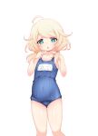  1girl ahoge ass_visible_through_thighs blonde_hair blue_swimsuit blush covered_navel green_eyes hands_on_own_chest highres hosizora_mikoto idolmaster idolmaster_cinderella_girls long_hair looking_at_viewer messy_hair name_tag old_school_swimsuit one-piece_swimsuit open_mouth school_swimsuit simple_background solo swimsuit thigh_gap thighs twintails white_background yusa_kozue 