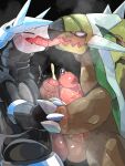 3:4 aggron anthro balls biped black_body blush bodily_fluids brown_body cum duo erection eyes_closed french_kissing generation_3_pokemon generation_4_pokemon genital_fluids genitals green_body hand_holding hi_res kissing male male/male mame02550912 nintendo penis pokemon pokemon_(species) precum saliva sweat torterra white_body