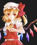  1girl ascot back_bow bow breasts collared_shirt cowboy_shot crystal dark_background flandre_scarlet frilled_shirt_collar frilled_sleeves frills hat hat_bow hat_ribbon looking_at_viewer lqk_jing_jia mob_cap multicolored_wings open_mouth puffy_short_sleeves puffy_sleeves red_bow red_eyes red_ribbon red_skirt red_vest ribbon ribbon-trimmed_headwear ribbon_trim shirt short_sleeves simple_background skirt skirt_set sleeve_ribbon small_breasts solo touhou vest white_bow white_headwear white_shirt wings yellow_ascot 