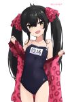  1girl absurdres animal_print black_hair blush breasts collarbone hair_between_eyes highres idolmaster idolmaster_cinderella_girls leopard_print long_hair looking_at_viewer matoba_risa name_tag roccamoya school_swimsuit simple_background small_breasts smile solo swimsuit twintails twitter_username very_long_hair white_background yellow_eyes 