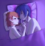  1boy 1girl bed bed_sheet blue_hair blush breasts brown_eyes brown_hair closed_eyes closed_mouth commentary completely_nude highres n7grey naked_sheet nude on_bed persona persona_3 pillow short_hair smile takeba_yukari under_covers yuuki_makoto_(persona_3) 
