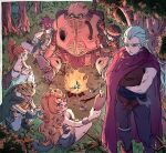  3boys 4girls amakekke anniversary arms_behind_back ayla_(chrono_trigger) blonde_hair blue_tunic boned_meat brown_hair brown_tunic camping can canned_food cape caveman chrono_trigger cloak commentary_request crono_(chrono_trigger) crossed_arms curly_hair fire food frog_(chrono_trigger) gloves grass green_cloak high_ponytail highres long_hair looking_at_another looking_up lucca_ashtear magus_(chrono_trigger) marle_(chrono_trigger) meat multiple_boys multiple_girls non-humanoid_robot nu_(chrono_trigger) pointy_ears red_hair repairing robo_(chrono_trigger) robot sleeping strapless tree tube_top white_hair 