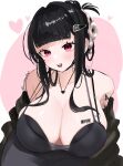  1girl :d barcode barcode_tattoo bare_shoulders black_bra black_dress black_hair blunt_bangs blush bra breast_tattoo breasts butterfly_tattoo collarbone d_(killer_wife)_(nikke) d_(nikke) dongtan_dress dress goddess_of_victory:_nikke hair_ornament heart heart_necklace highres huge_breasts jewelry long_hair looking_at_viewer meme_attire necklace official_alternate_costume open_mouth pink_eyes smile solo tattoo twitter_username underwear uniofthedead upper_body 