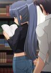  1boy 1girl alternate_hairstyle asakura_ryouko ass black_pants black_shirt blue_eyes blue_hair blue_pants book bookshelf censored closed_mouth collared_shirt commentary_request commission cum denim ejaculation from_behind hetero holding holding_book indoors jeans kyon library long_hair male_masturbation masturbation midriff mosaic_censoring paid_reward_available pants pantylines penis pixiv_commission pocket ponytail shirt short_sleeves solo_focus standing suzumiya_haruhi_no_yuuutsu umarutsufuri white_shirt 