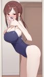  1girl blue_one-piece_swimsuit blush breasts brown_hair cleavage commentary_request covered_mouth covered_navel ear_blush hand_on_own_chest highres idolmaster idolmaster_cinderella_girls indoors large_breasts leaning_forward looking_at_viewer mifune_miyu nose_blush oekaki_machine one-piece_swimsuit ponytail school_swimsuit selfie sidelocks solo sweatdrop swimsuit 