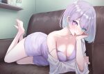  1girl :p absurdres amane_hina aqua_eyes aqua_hair barefoot breasts camisole commentary_request couch earrings elbow_rest feet_up gradient_hair grey_hair head_rest highres indie_virtual_youtuber indoors jewelry medium_breasts multicolored_hair purple_camisole purple_eyes purple_hair purple_shorts shirt short_hair short_shorts shorts single_bare_shoulder spaghetti_strap strap_slip stud_earrings tatataecho tongue tongue_out virtual_youtuber white_shirt 