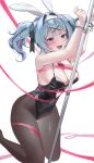 1girl :d absurdres animal_ears armpits arms_up black_leotard black_pantyhose blue_eyes blue_hair blush bound bound_wrists breasts cleavage clothing_cutout cuffs daebol dot_nose fake_animal_ears foot_out_of_frame hair_intakes hair_ornament hairband handcuffs hatsune_miku heart_cutout highleg highleg_leotard highres knees_together_feet_apart large_breasts leotard looking_at_viewer open_mouth own_hands_together pantyhose playboy_bunny pole rabbit_ears rabbit_hole_(vocaloid) short_hair short_twintails simple_background smile solo stomach_cutout stripper_pole teardrop_facial_mark teeth thighs twintails upper_body vocaloid white_background white_hairband x_hair_ornament 