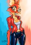 absurd_res anthro bottomwear canid canine clothed clothing diane_foxington digital_media_(artwork) dreamworks eyewear female fox fur glasses hi_res leather leather_clothing looking_at_viewer mammal orange_body orange_fur red_fox simple_background smile solo tacophox the_bad_guys true_fox