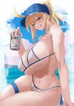  1girl absurdres ahoge alcohol artoria_pendragon_(fate) baseball_cap beer beer_can bikini blonde_hair blue_eyes breasts can drink_can fate/grand_order fate_(series) grin hair_through_headwear hat highres huge_breasts kasumi_saika looking_at_viewer mysterious_heroine_xx_(fate) ponytail side-tie_bikini_bottom sitting smile solo swimsuit white_bikini 